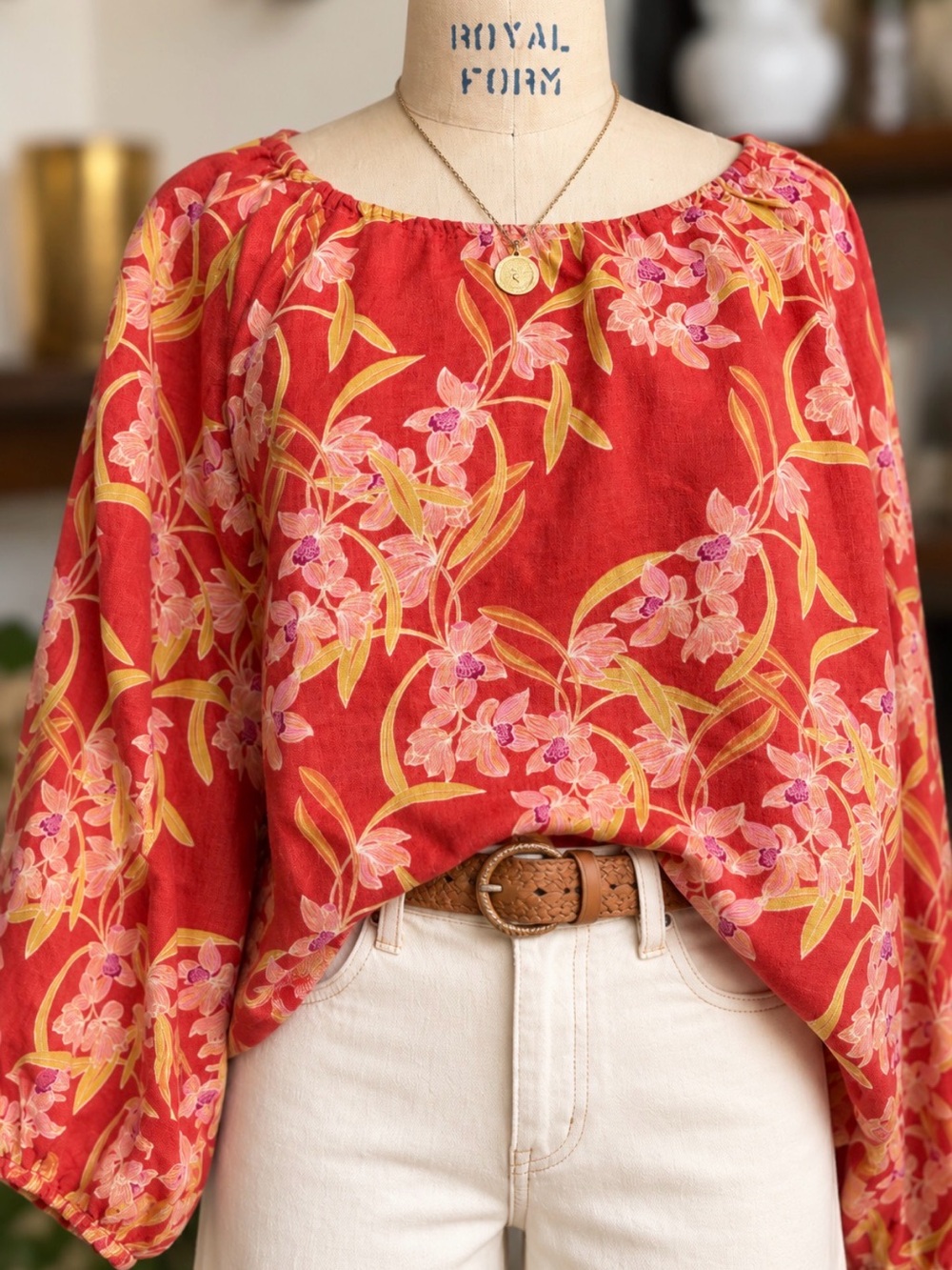 Rachel Zoe 100% Linen Floral Peasant Blouse Red Orchid Print Boho